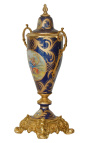 Jarra grande de cerâmica esmaltada azul com bronzes