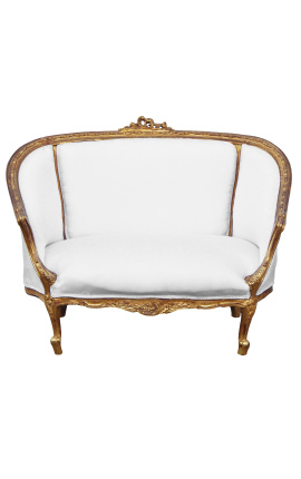 Sofá estilo Luís XV em tecido branco e madeira dourada patinada
