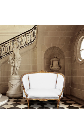 Sofa w stylu Ludwika XVI biała tkanina i złoty kolor drewna