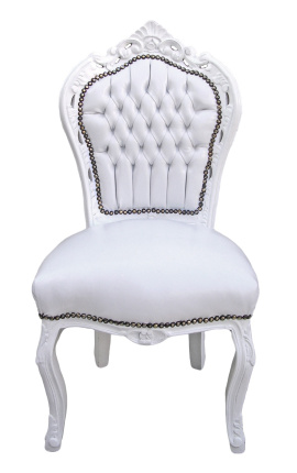 Cadeira de estilo barroco rococó em tecido de imitação de pele branca e madeira lacada a branco