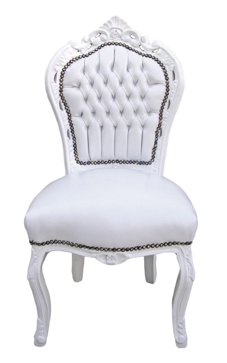 Stuhl im Barock-Rokoko-Stil, weißes Kunstleder und weißes Holz