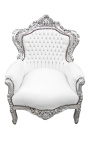 Grand fauteuil de style baroque tissu simili cuir blanc et bois argent