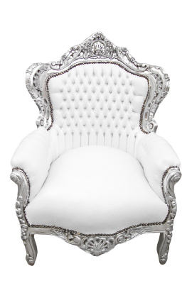 Gran sillón de estilo barroco en polipiel blanca y madera plata