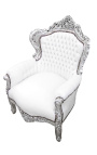 Grote fauteuil in barokstijl wit kunstleer en zilverkleurig hout
