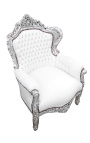 Big baroque style armchair white faux leather and silver wood
