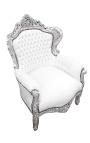 Grand fauteuil de style baroque tissu simili cuir blanc et bois argent