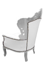 Grand fauteuil de style baroque tissu simili cuir blanc et bois argent