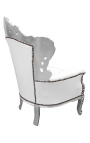 Grand fauteuil de style baroque tissu simili cuir blanc et bois argent