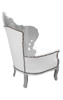 Großer Sessel im Barockstil, weißes Kunstleder und silbernes Holz