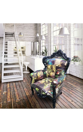 Duży fotel w stylu barokowym ze sztucznej skóry z komiksowym nadrukiem i czarnym drewnem