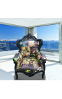 Big baroque style armchair faux leather comics print and black wood