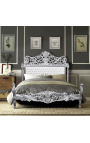 Baroque bed fabric faux leather white with rhinestones and silvered wood