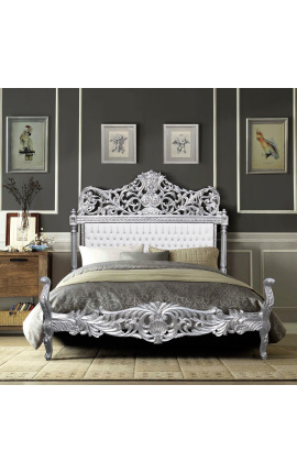 Baroque bed fabric leatherette white with rhinestones and silvered wood