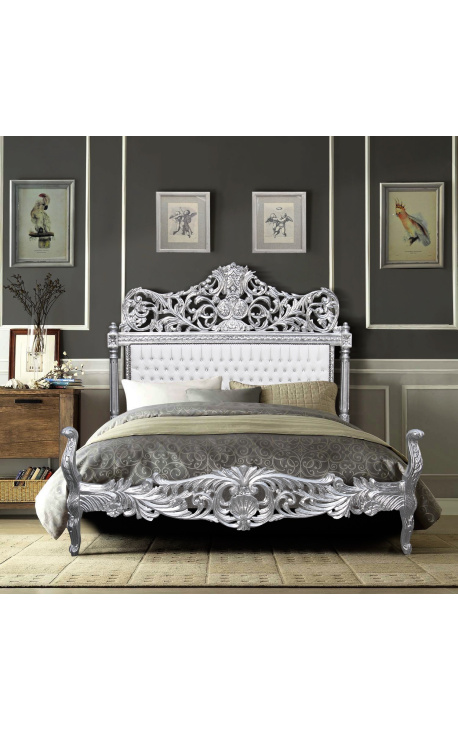 Letto barocco in tessuto ecopelle bianco con strass e legno argentato