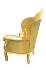 Duży fotel w stylu barokowym złota ekoskóra i złote drewno
