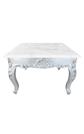 Kvadratna klubska mizica iz lesa v baročnem slogu, posrebrena z listjem in vrhom iz belega marmorja