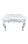 Square coffee table baroque style wood silvered with leaf and white marble top