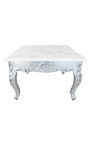 Table basse carrée de style baroque avec bois argenté et marbre blanc