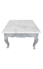 Table basse carrée de style baroque avec bois argenté et marbre blanc