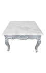 Tavolino quadrato in stile barocco con legno argentato e marmo bianco