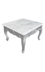 Table basse carrée de style baroque avec bois argenté et marbre blanc