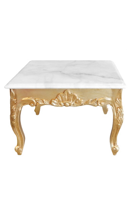 Kvadratna klubska mizica v baročnem slogu iz zlatega lesa z listi in belim marmornim vrhom