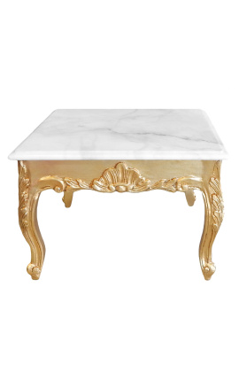 Mesa de centro quadrada de estilo barroco com madeira dourada e mármore branco