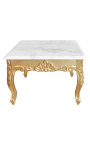 Kwadratowy stolik kawowy w stylu barokowym ze złotego drewna z blatem z białego marmuru i liści