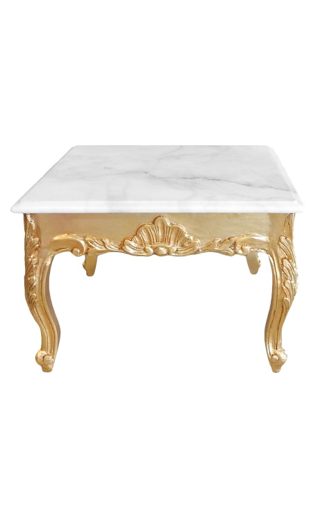 Fyrkantigt soffbord i barockstil guldträ med blad och vit marmorskiva