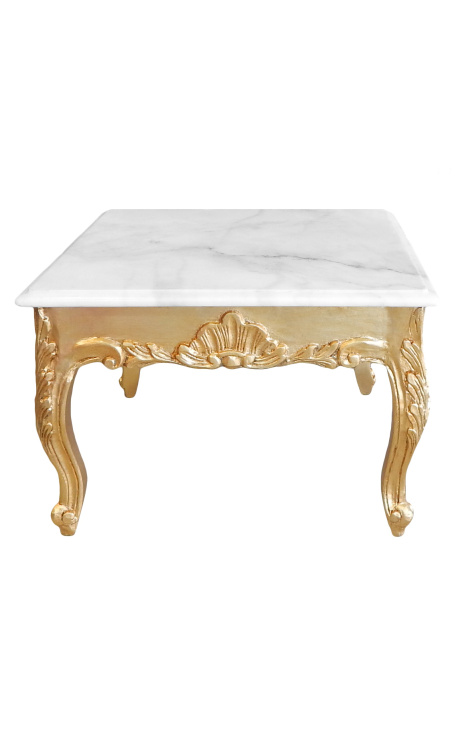 Mesa de centro quadrada de estilo barroco com madeira dourada e mármore branco