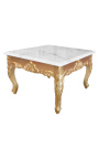 Mesa de centro quadrada de estilo barroco com madeira dourada e mármore branco