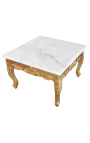 Mesa de centro quadrada de estilo barroco com madeira dourada e mármore branco