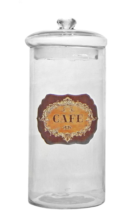 Kaffeetopf geblasenes Glas mit Emaille-Label "Café"