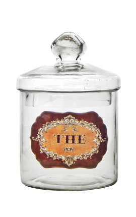 Tea pot blown glas met emal label "Thee"