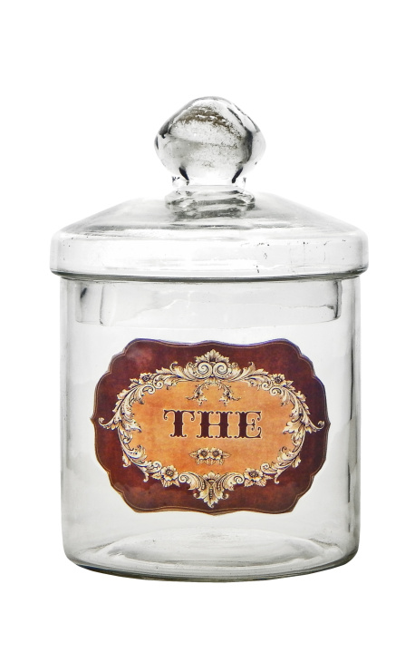 Pot à thé en verre soufflé avec étiquette émaillée "Thé"