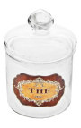 Tea potte blæst glas med emalje label "I nærheden af Thé"