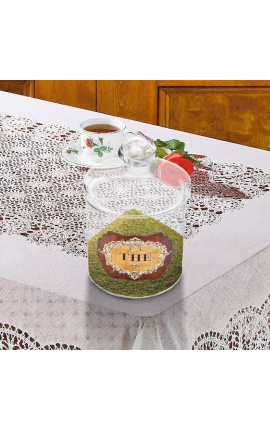 Tea pot blown glass with enamel label &quot;Thé&quot;