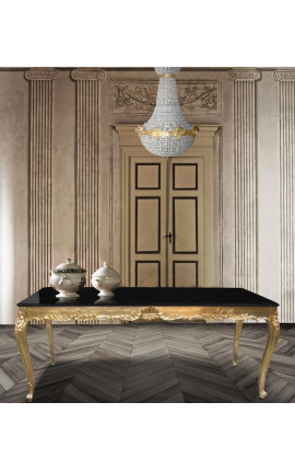 Dining wooden table baroque with gold leaves and black shiny top