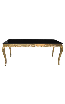 Blagovaonski drveni barokni stol sa zlatnim listićima i crnom sjajnom pločom