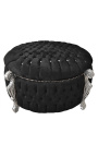 Big baroque round bench trunk Louis XV style black velvet fabric with rhinestones and silver wood
