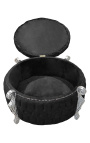 Big baroque round bench trunk Louis XV style black velvet fabric with rhinestones and silver wood