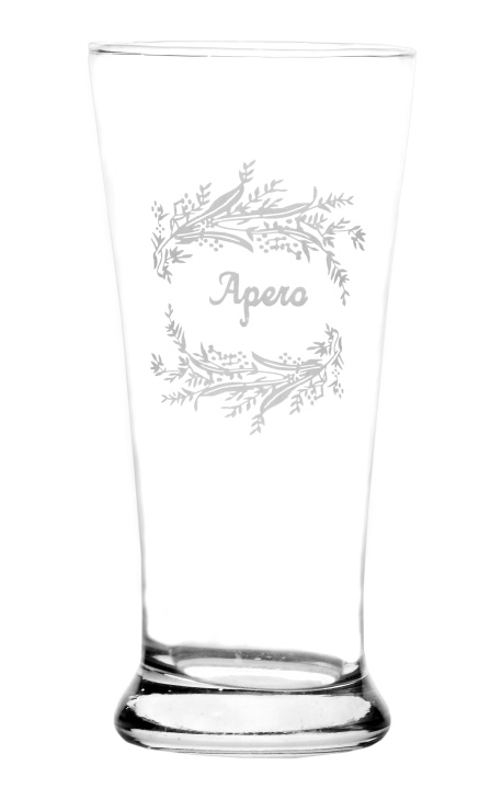 Klares Glas florale Designs Siebdruck Inschrift "apero"