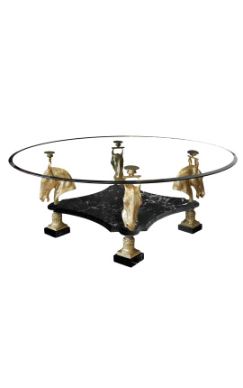 Apvalus valgomojo stalas su bronzinėmis dekoracijomis arkliais ir juodu marmuru