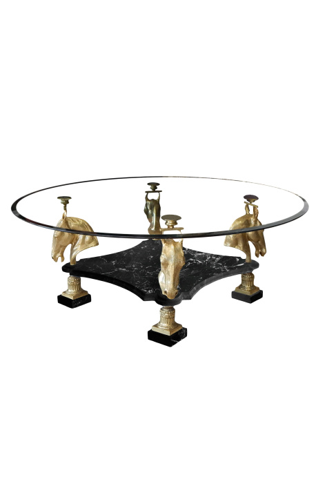 Mesa de jantar redonda em bronze e mármore preto com decorações de cavalos