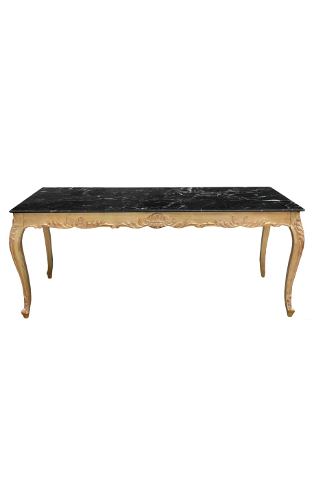 Grande table de repas baroque en bois doré à la feuille et marbre noir