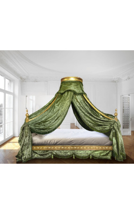 Barockes Himmelbett mit goldenem Holz und grünem Satinstoff