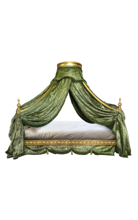 Cama de dossel Baroque Royal em tecido acetinado verde e madeira dourada