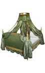 Cama de dossel Baroque Royal em tecido acetinado verde e madeira dourada