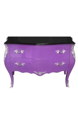 Baroque chest of drawers (commode) of style Louis XV purple, black top, silver bronzes, 2 drawers