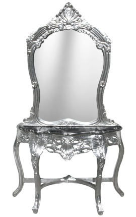 Consola de estilo barroco con espejo en madera platay mármol negro